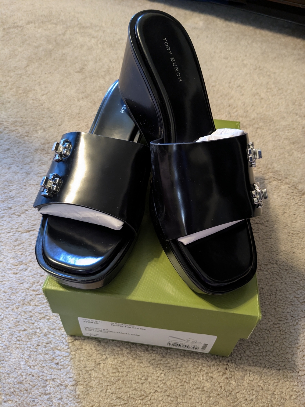 Tory Burch Black Wedge Turnlock Slides 7.5M NIB